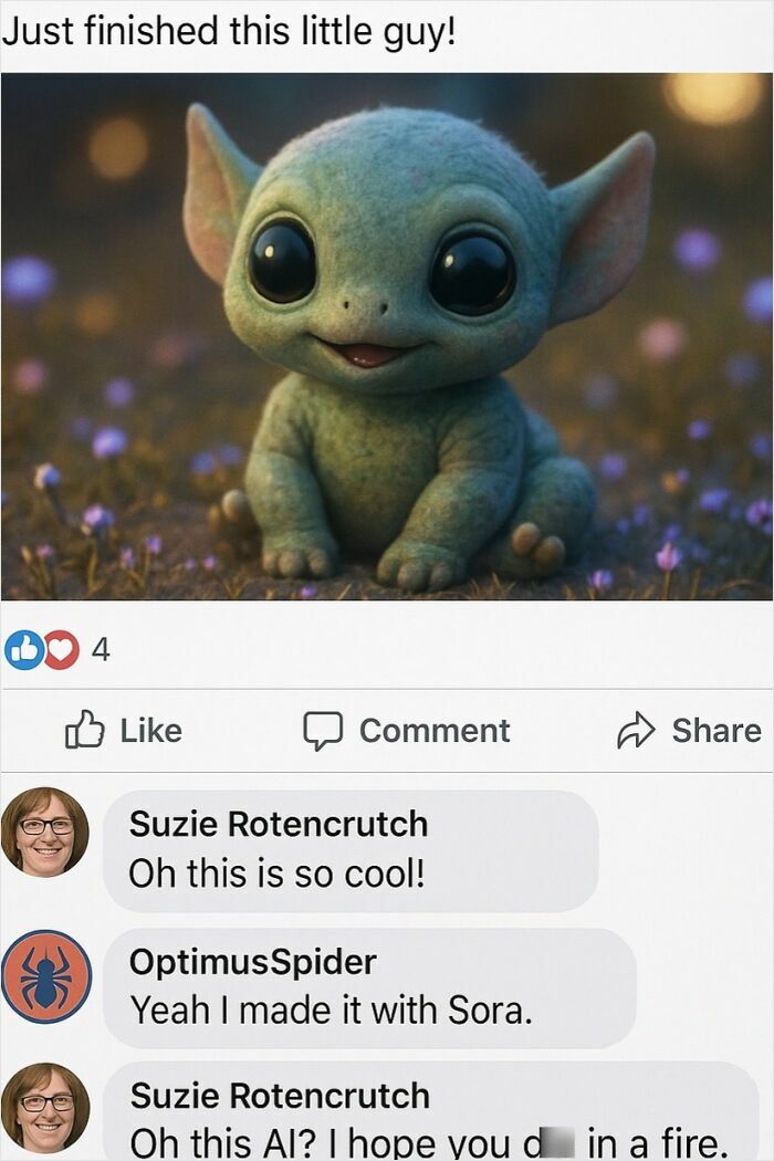 A Facebook post displays a cute AI-generated creature, followed by comments describing it as a cursed AI image.