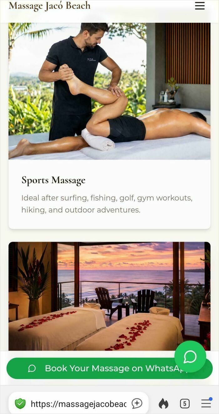A webpage for Massage Jaco Beach showing cursed AI images of a sports massage and an outdoor massage setup at sunset.