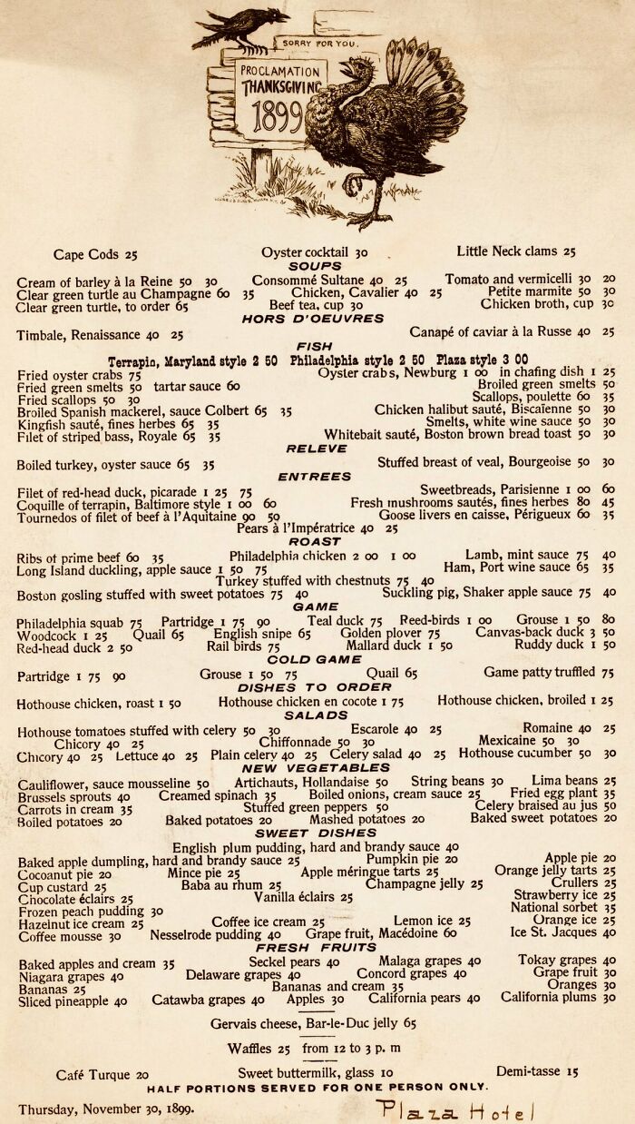 A Thanksgiving menu from 1899 featuring various dishes, a rare photo from American history.