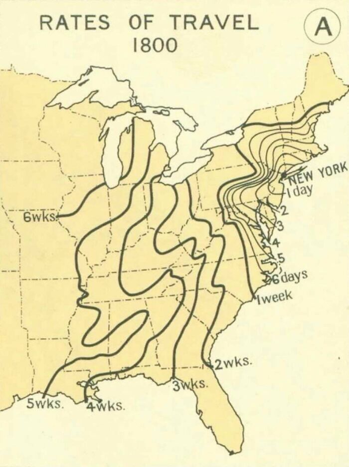 A map illustrating the rates of travel in 1800 across the USA, a fascinating photo from American history.