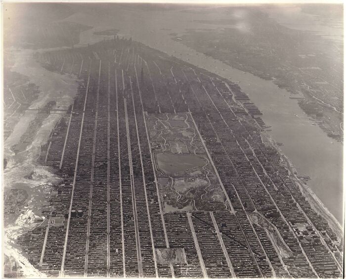 An aerial view of New York City and Central Park, a rare American history photo.