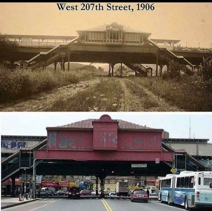 An over-under comparison of West 207th Street in 1906 versus modern day, fascinating photos from American history.