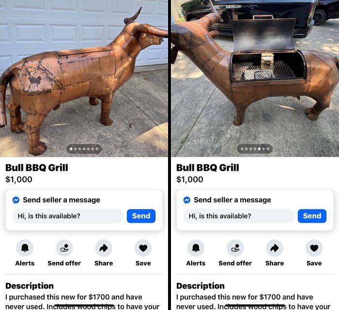 Online marketplace screenshot shows a bull BBQ grill for $1,000, proving it is a magnet for weirdest people.