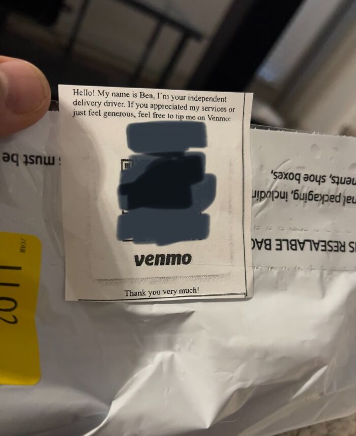 A mildly infuriating obstacle: a delivery driver's note asking for tips on Venmo, attached to a package.