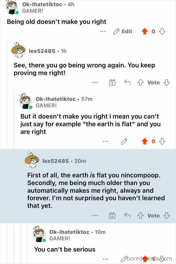 A Reddit conversation about being old, highlighting a mildly infuriating obstacle of online arguments.