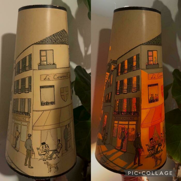 A lamp depicting a building illustration that transforms from day to night when lit, showcasing things people lost hope to find.