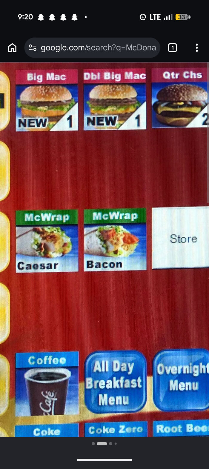 A McDonald's menu screen showing items like Big Mac, McWrap, and coffee, a common sight people hope to find on the internet.