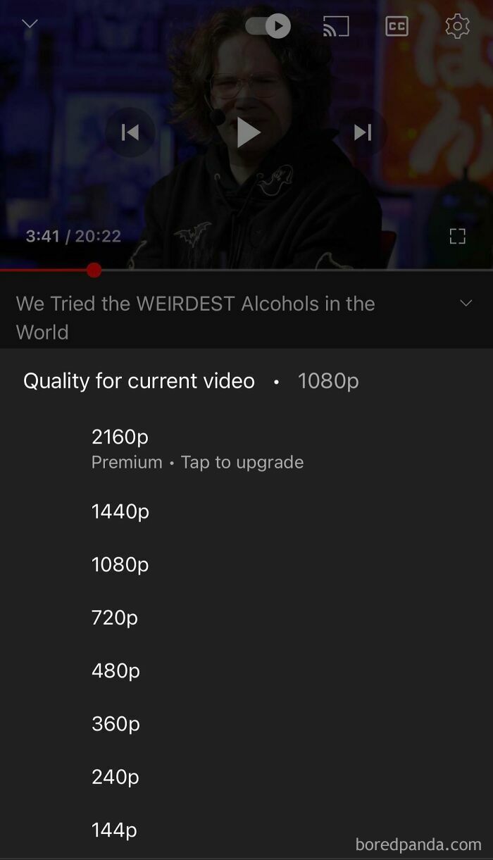 A YouTube video quality settings screen showing 2160p as a premium option, a mildly infuriating obstacle for viewers.