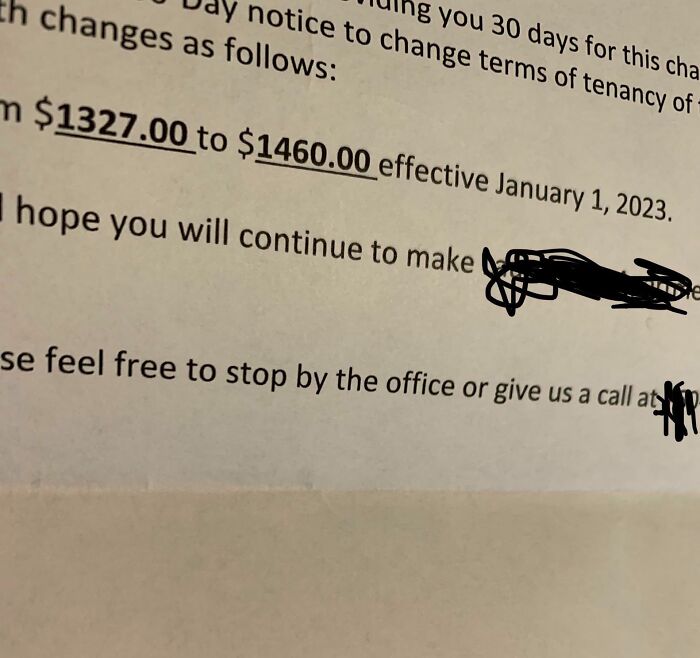 A mildly infuriating obstacle: a close-up of a rental increase notice from $1327 to $1460.