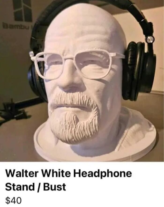 Online marketplace screenshot shows a Walter White headphone stand/bust for $40, proving it is a magnet for weirdest people.