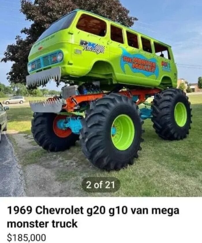 A custom-built monster truck from a 1969 Chevrolet van, a unique item on an online marketplace.