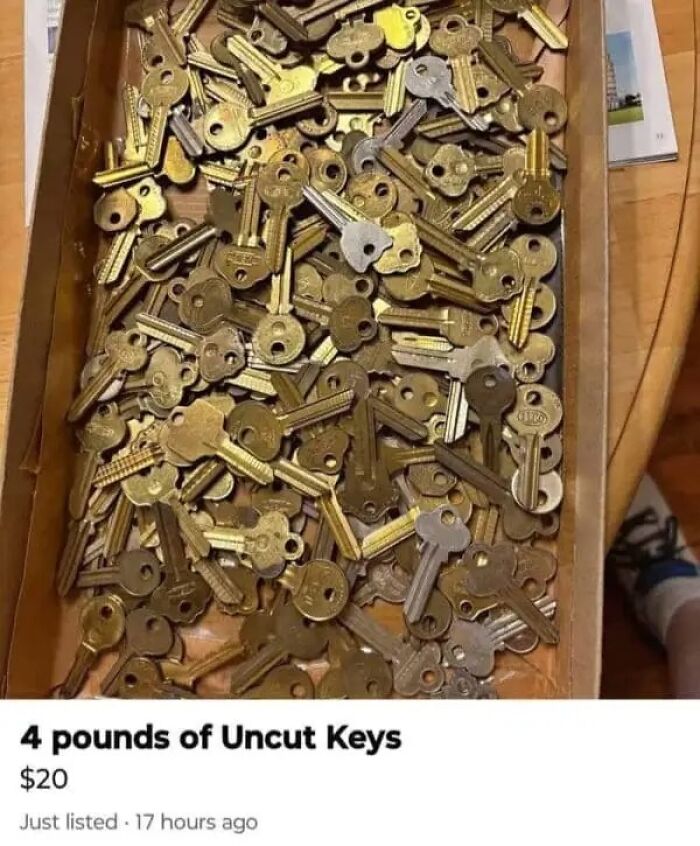 Online marketplace screenshot showing a box filled with 4 pounds of Uncut Keys, an unusual offering for weird people.