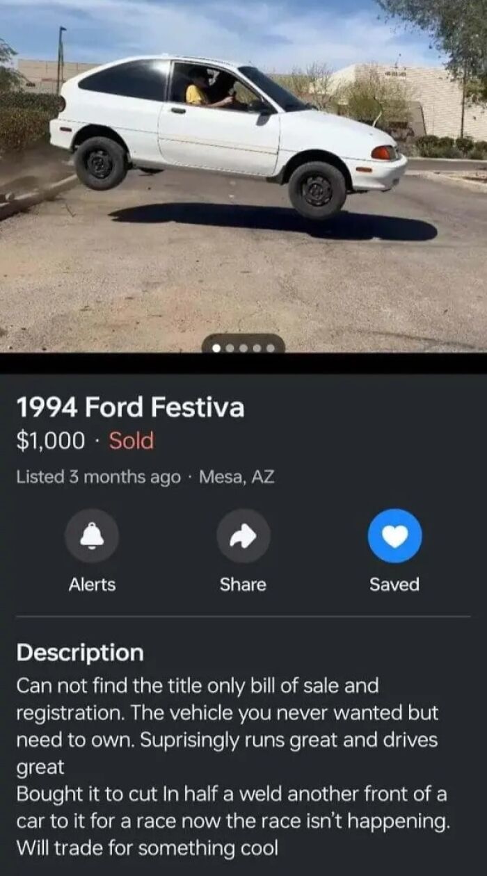 Online marketplace screenshot of a 1994 Ford Festiva levitating above the ground, proving its magnet for weird people.