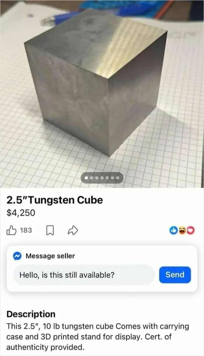 A 2.5 inch tungsten cube for sale, one of the more unusual online marketplace screenshots.