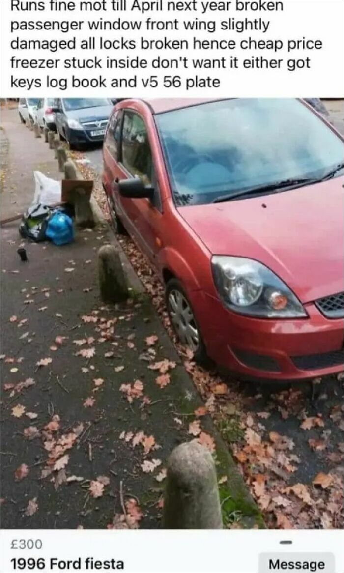 A red 1996 Ford Fiesta with extensive damage, an example of weird online marketplace listings.