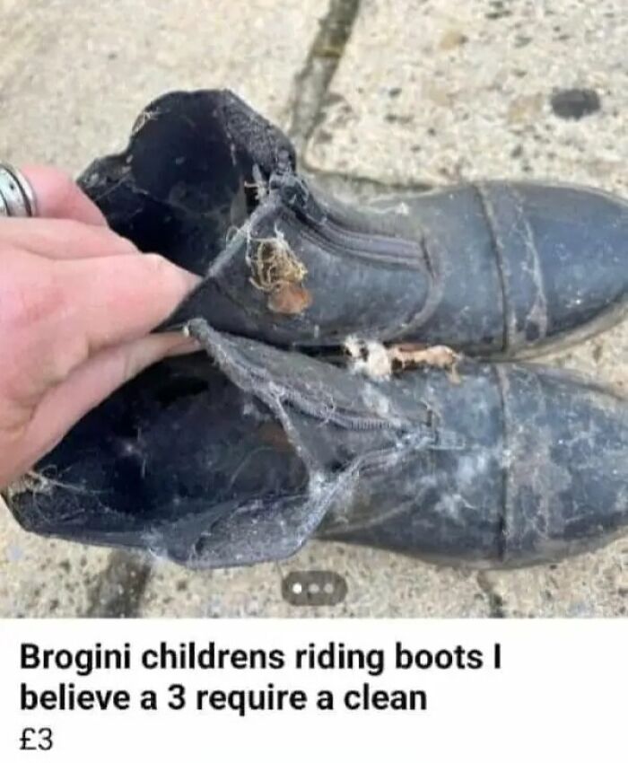 Online marketplace screenshot of a hand holding a pair of extremely worn and dirty Brogini children's riding boots for sale, a weird discovery.