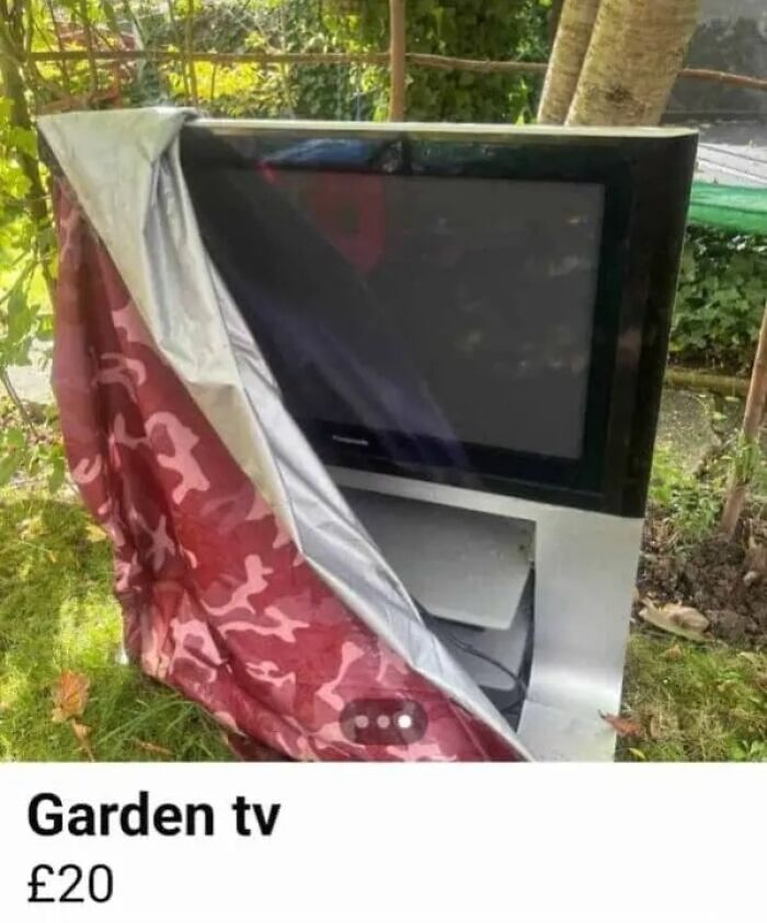 Online marketplace screenshot displaying an old TV covered with a camouflage sheet in a garden, illustrating weird things for sale.