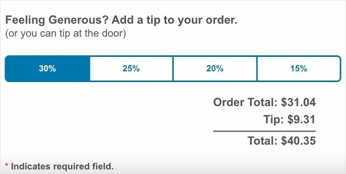 A restaurant order showing a 30% tip selected, creating a mildly infuriating obstacle to the total.
