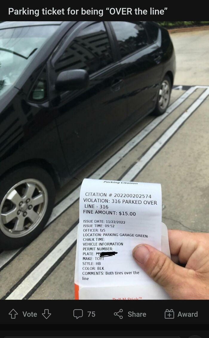 A parking ticket for being over the line, a mildly infuriating obstacle for drivers.