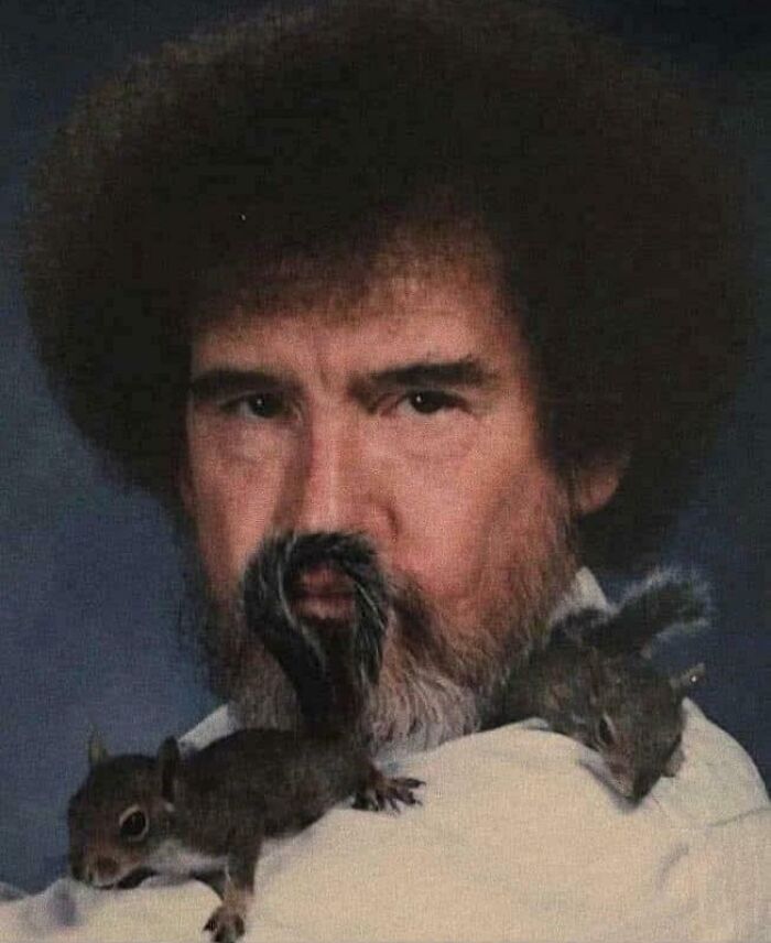 A '90s kid meme of Bob Ross with squirrels on his shoulders and one used as his mustache.