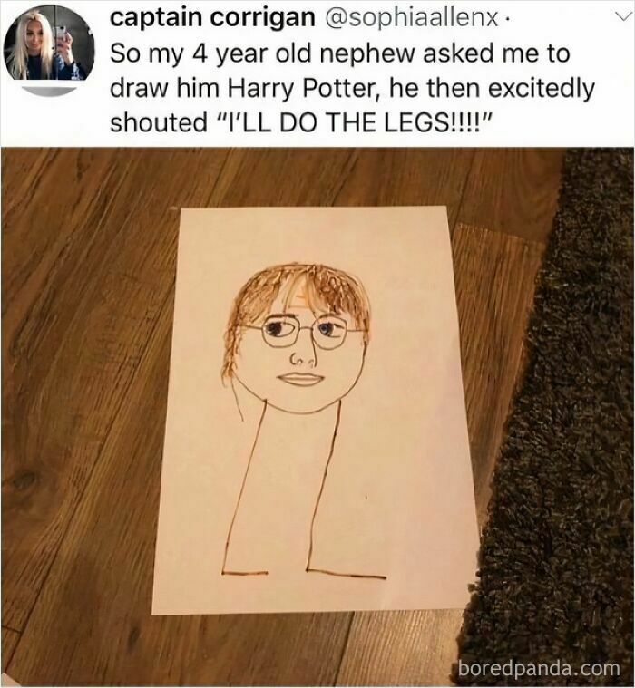 A child's drawing of Harry Potter with a very long neck and no body, a mildly infuriating artistic obstacle.