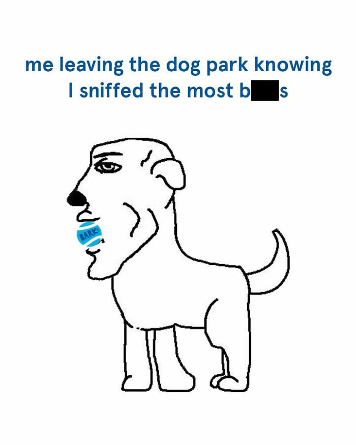 A meme of a BARK dog toy character leaving the dog park, feeling accomplished after sniffing the most.