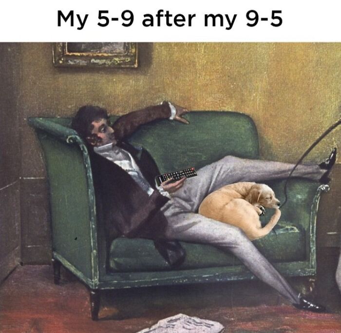 A man lounging on a couch with a dog curled up on his lap, depicting BARKs relatable dog memes about relaxation.