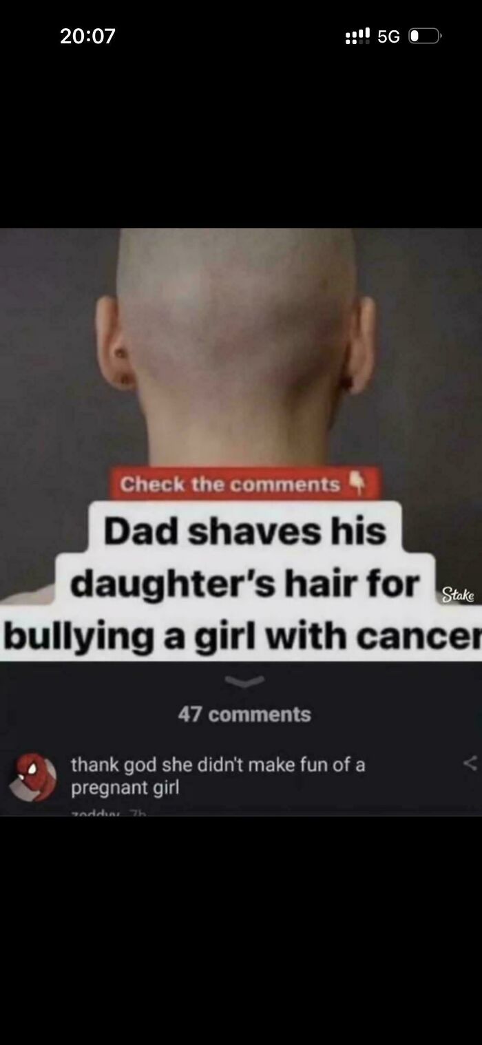 A blursed image showing the back of a shaved head, with a caption about a dad shaving his daughter's hair for bullying a girl with cancer.