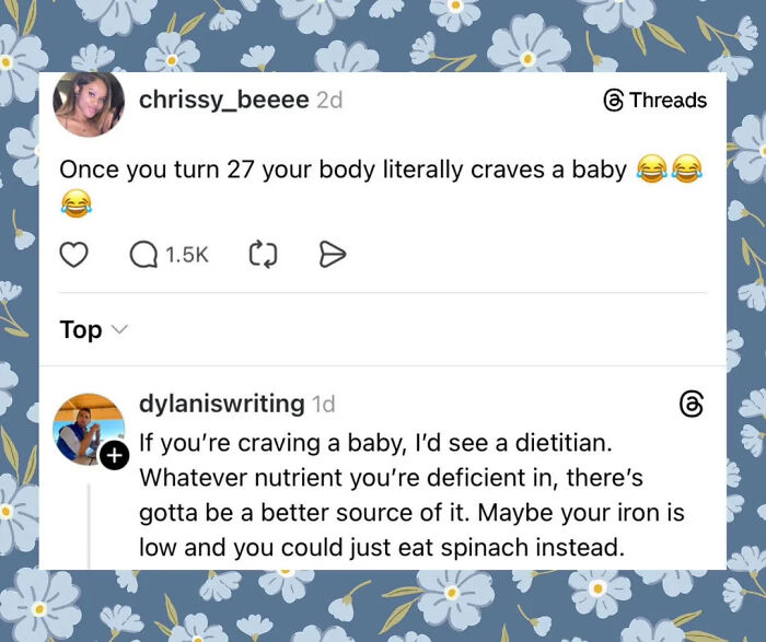 A blursed comment on social media about craving a baby and another user suggesting a dietitian instead.