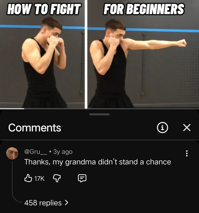 A blursed image of a man demonstrating how to fight for beginners, with a blursed comment below it.