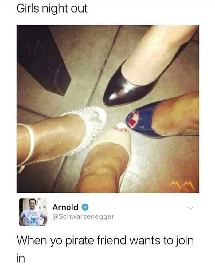 A blursed image showing women's feet in high heels and a man's bare foot, with a blursed comment from Arnold Schwarzenegger.