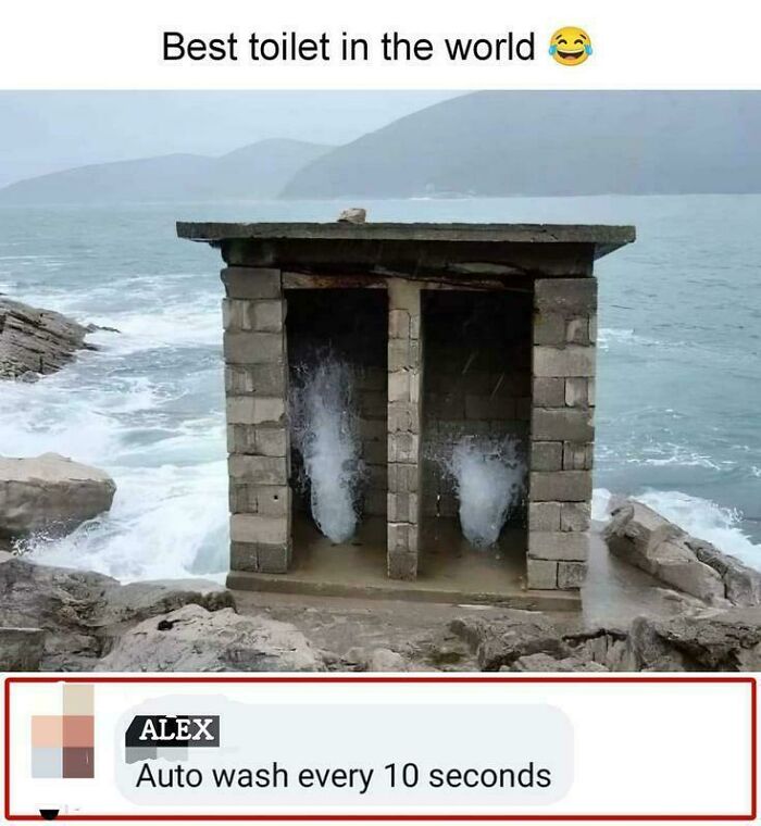 A blursed image of a toilet on a cliff with waves crashing through it, with a blursed comment below.