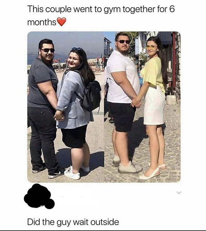 A before and after image of a couple showing a blursed transformation after going to the gym for 6 months.