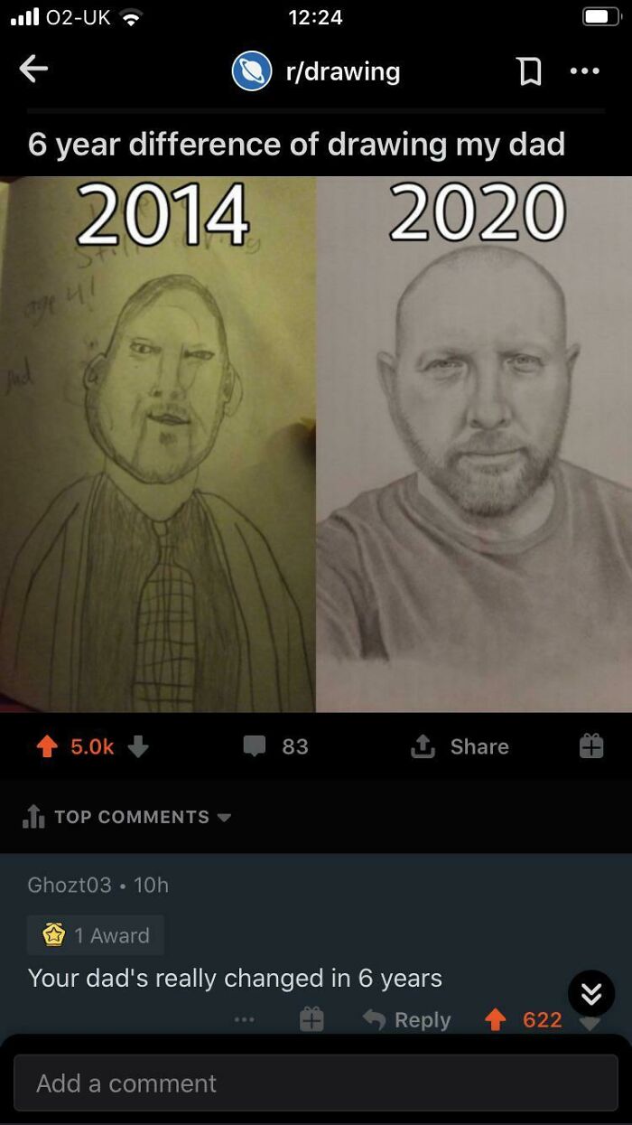 Blursed comments on a Reddit post showing a drawing improvement over 6 years, from 2014 to 2020, offering a chuckle.