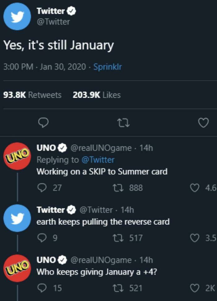 Blursed comments about Twitter and UNO discussing January dragging on like an endless game, a chuckle-inducing meme.