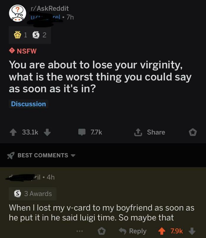 A blursed comment on Reddit where someone suggested saying 'Luigi Time' when losing virginity.