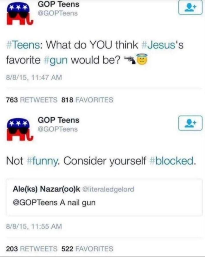 A blursed tweet from GOP Teens asking about Jesus's favorite gun, with a sarcastic reply 'A nail gun'.