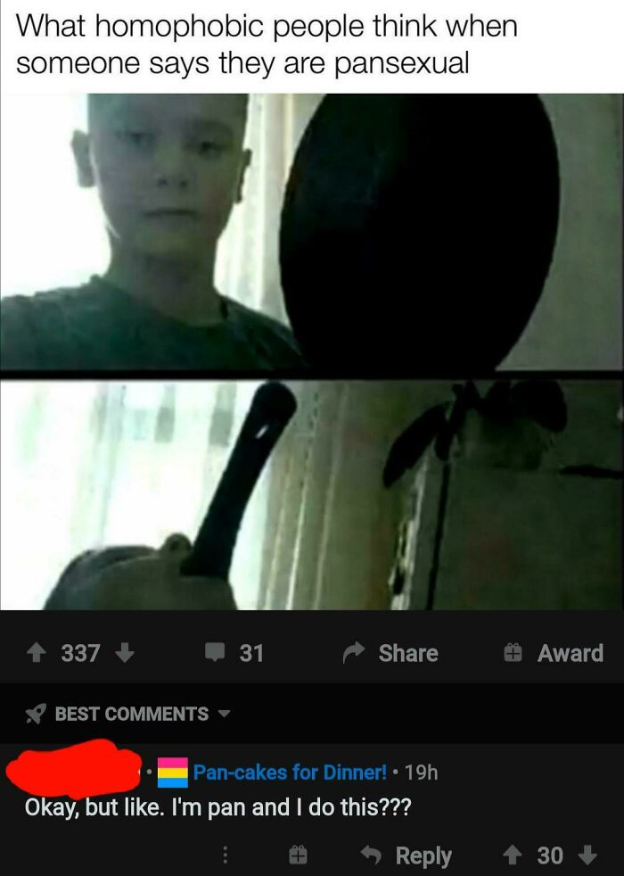 A blursed image showing what homophobic people think pansexual means, featuring a child holding a frying pan.