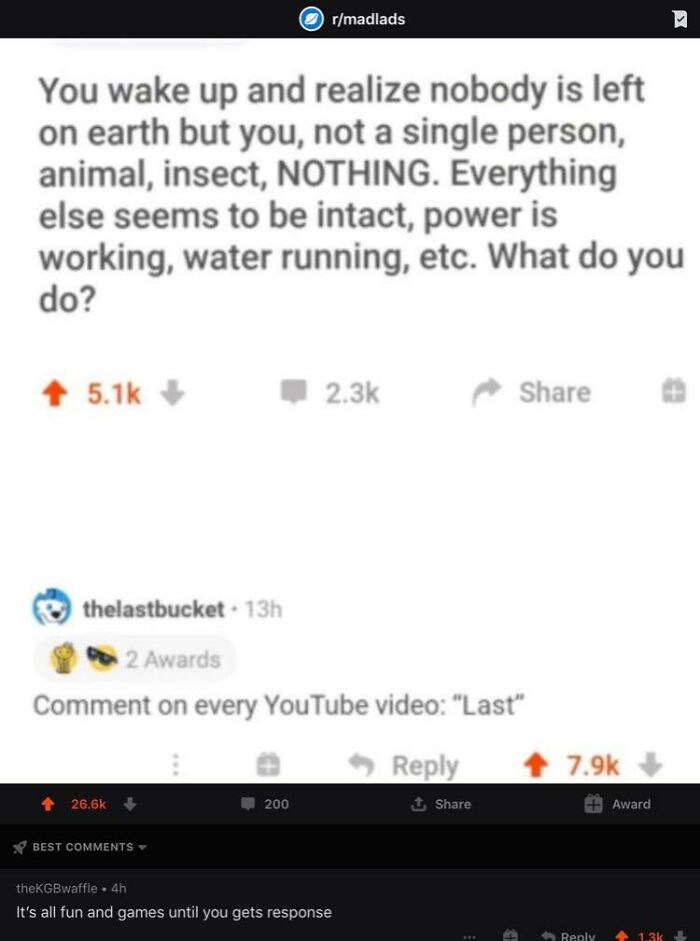 A Reddit post asking about being the last person on Earth, followed by blursed comments.