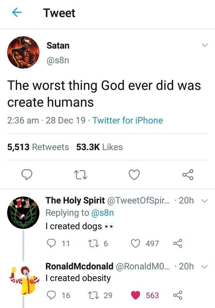 A screenshot of a Twitter thread with blursed comments, where Satan, The Holy Spirit, and Ronald McDonald chime in.
