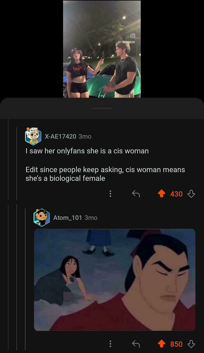 A screenshot of a Reddit post and blursed comments about a cis woman in a video.