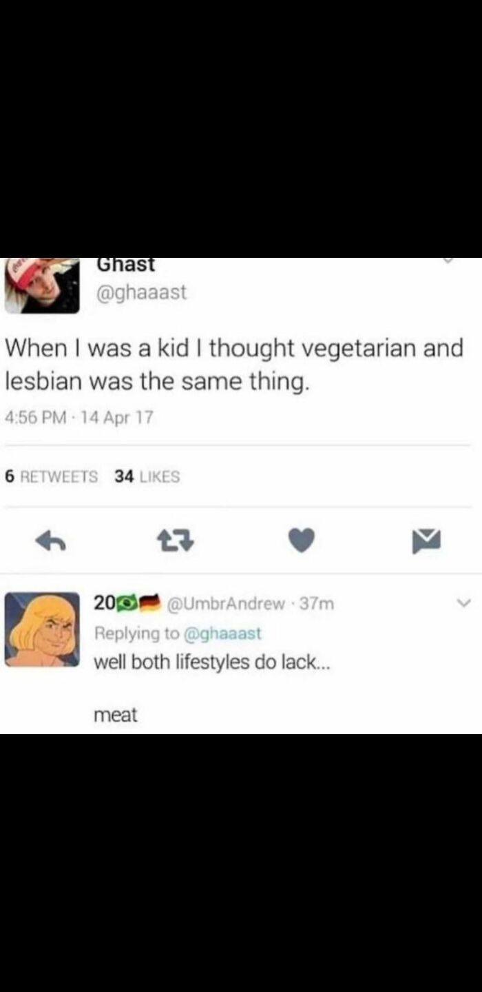 A tweet from @ghaaast stating a childhood confusion between vegetarian and lesbian, sparking blursed comments.