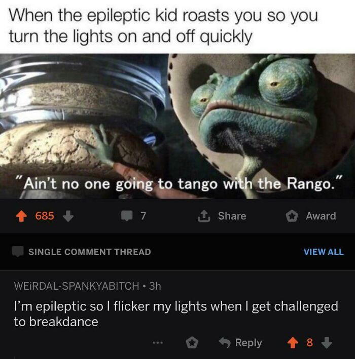 A blursed comment meme featuring the character Rango and a dark joke about turning lights on and off quickly.