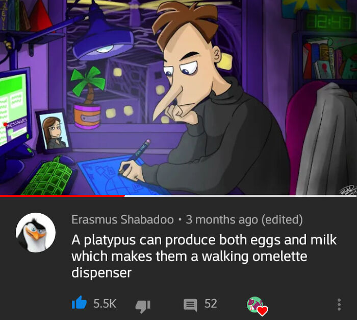 A blursed comment on a YouTube video showing Dr. Doofenshmirtz, humorously describing a platypus as a walking omelette dispenser.