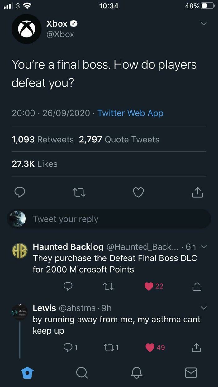 A blursed comment on an Xbox tweet asking how players would defeat them as a final boss, with a user saying their asthma would prevent them from being defeated.
