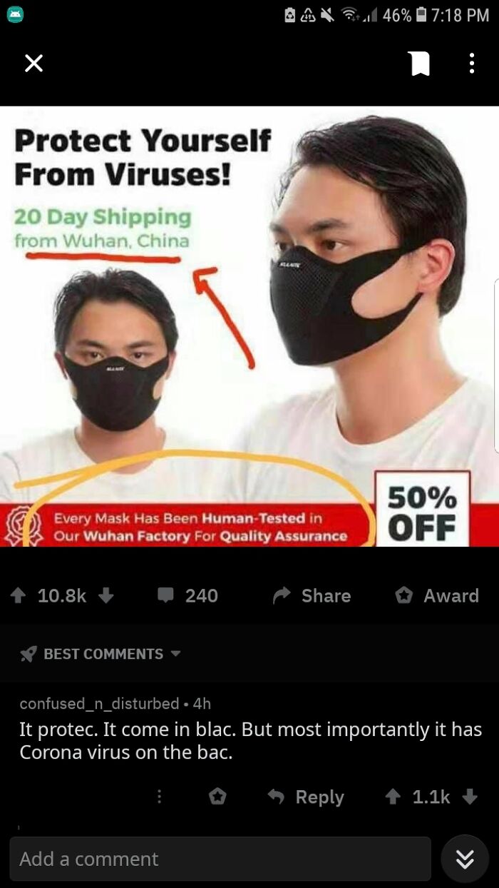 A blursed ad for face masks that are 'human-tested' in 'our Wuhan factory' with blursed comments.