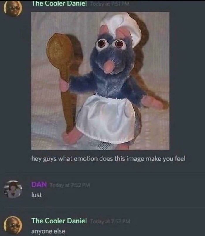 A blursed image of a Remy plush from Ratatouille dressed as a chef, sparking blursed comments.