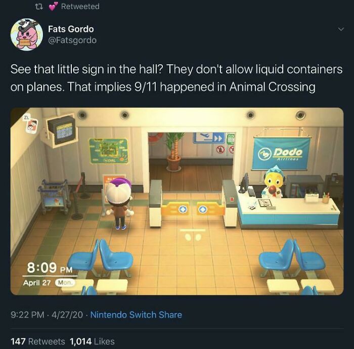 A blursed tweet about a no liquid containers sign in Animal Crossing, implying a blursed event.