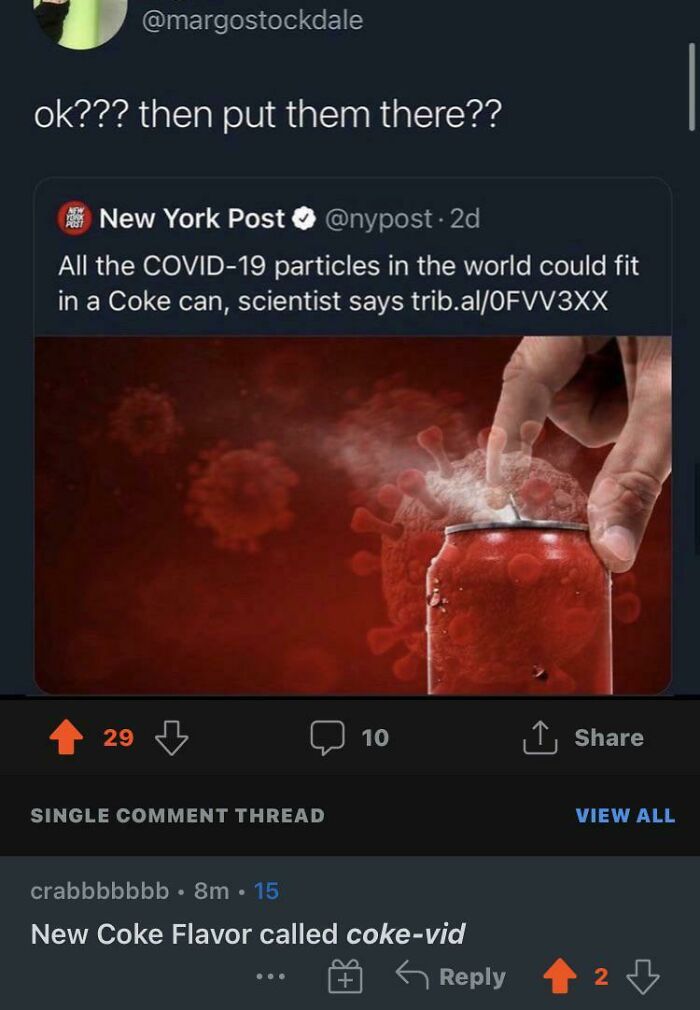 A New York Post article about COVID-19 particles fitting in a coke can, with blursed comments below it.