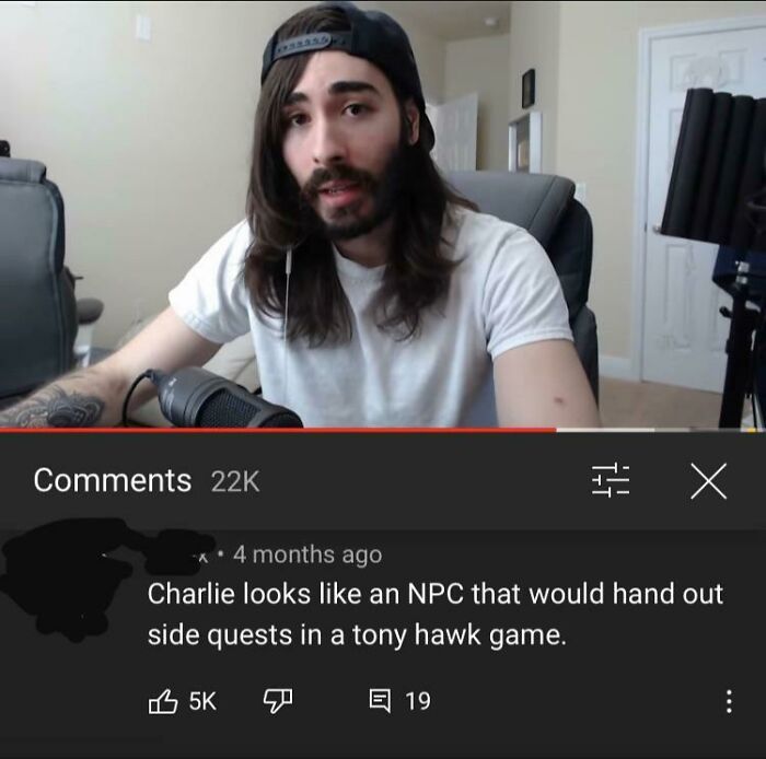 A blursed comment on a YouTube video. The comment reads, 'Charlie looks like an NPC that would hand out side quests in a Tony Hawk game.'